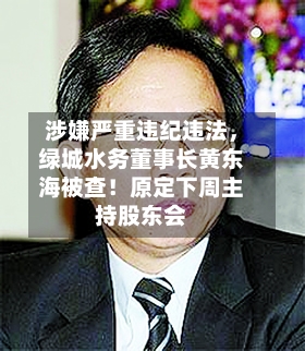 涉嫌严重违纪违法，绿城水务董事长黄东海被查！原定下周主持股东会